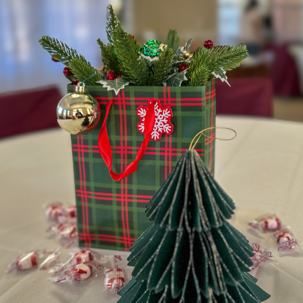 Festive table decor featuring a green and red plaid gift bag filled with evergreen sprigs and ornaments, accompanied by a small green paper Christmas tree and peppermint candies on the table.